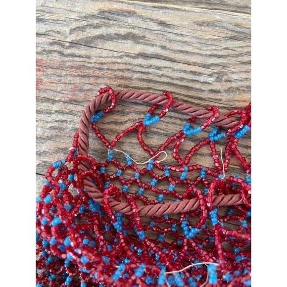 Antique Glass Beaded Pouch Draw String Purse Red Blue No lining - Picture 6 of 9